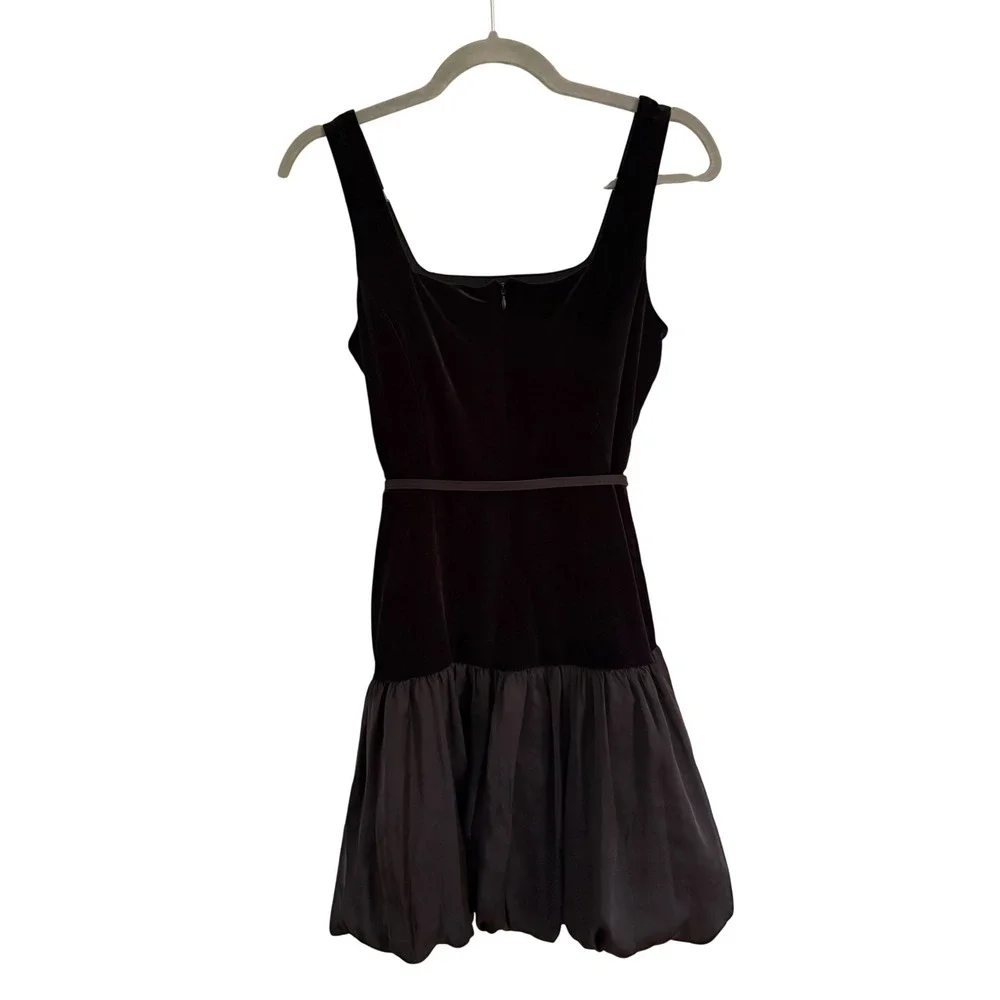 Maison Tara Black Velvet Bubble Hem Mini Dress Belted Square Neck Size 6 NEW